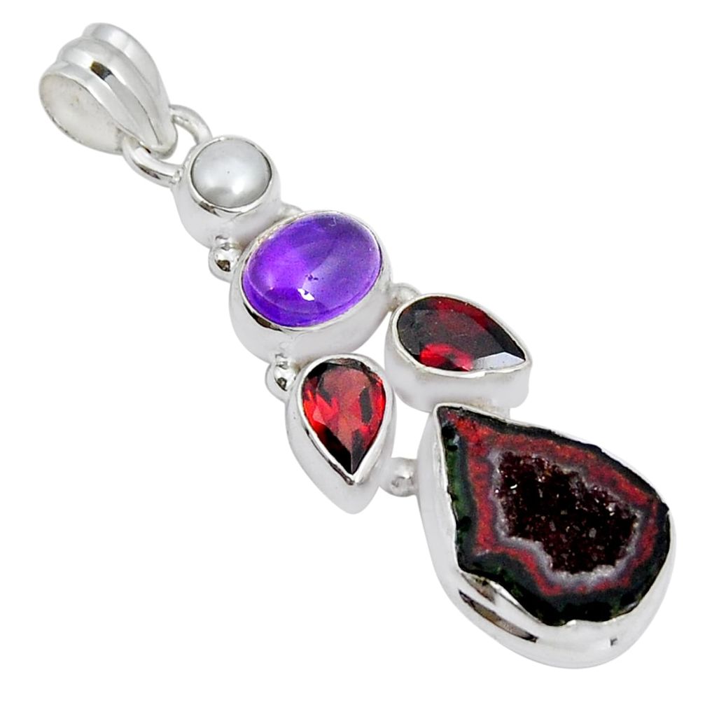 14.21cts natural geode druzy amethyst garnet pearl 925 silver pendant y5453