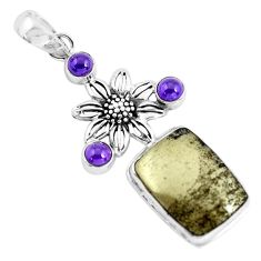 Clearance Sale- 23.52cts natural golden pyrite in magnetite 925 silver flower pendant p55230