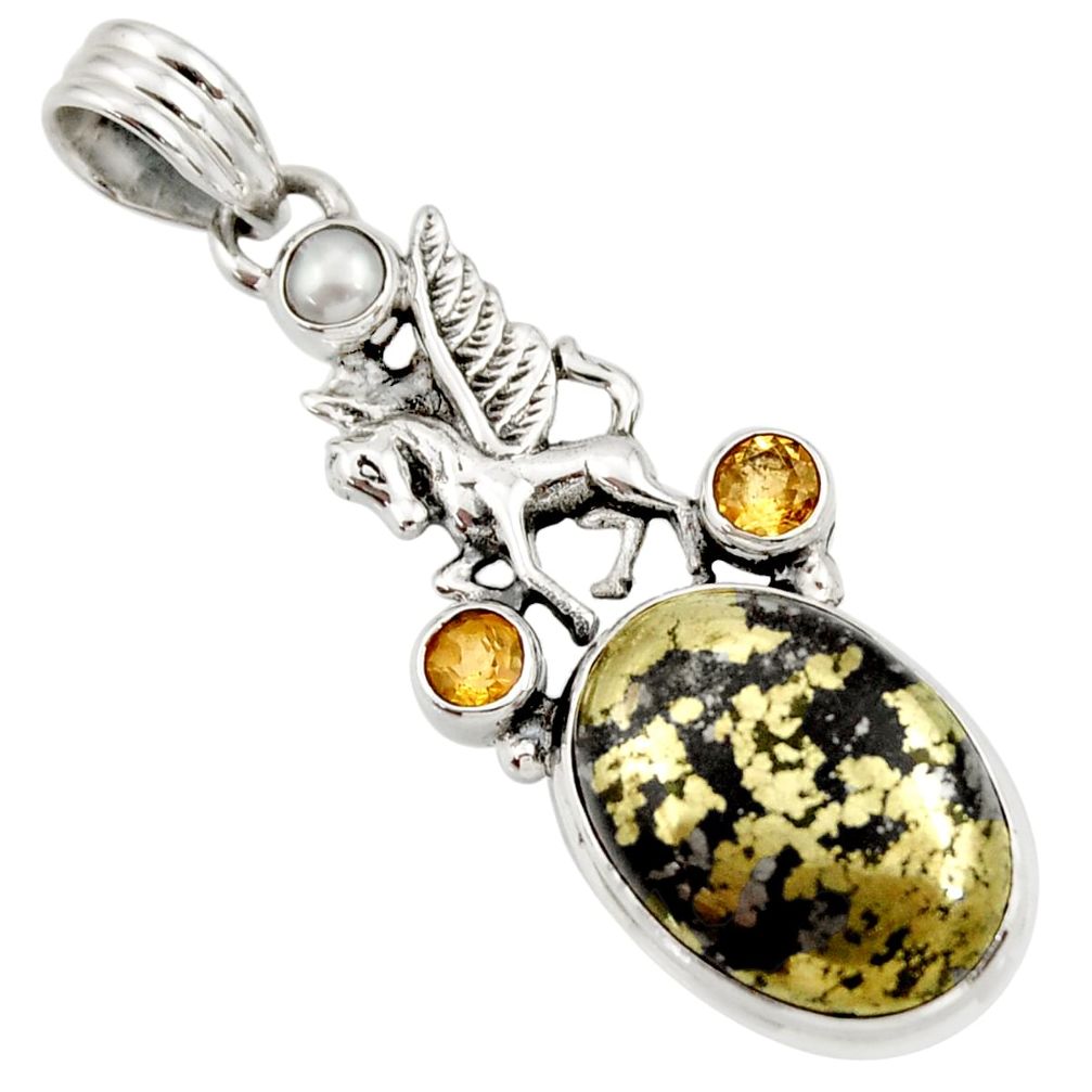16.46cts natural golden pyrite in magnetite 925 silver unicorn pendant d42327