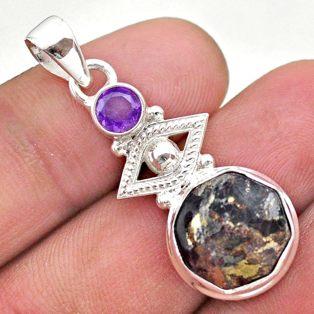 6.85cts natural golden pyrite in magnetite amethyst 925 silver pendant t46415