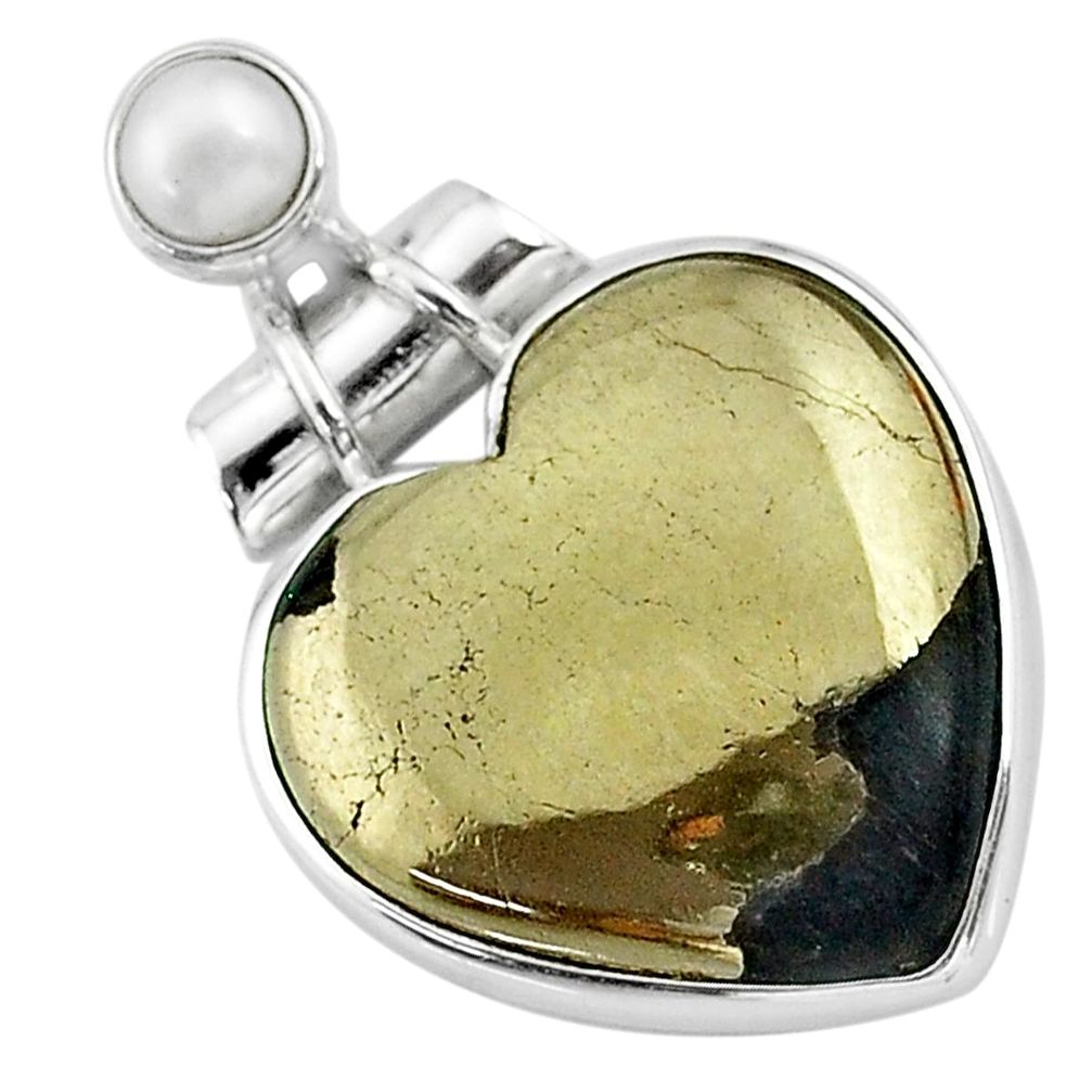 19.72cts natural golden pyrite in magnetite pearl 925 silver pendant t13157