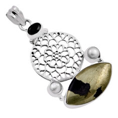 18.17cts natural golden pyrite in magnetite pearl onyx 925 silver pendant n25283