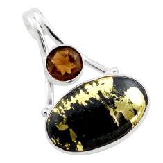 13.22cts natural golden pyrite in magnetite smoky topaz silver pendant t77778