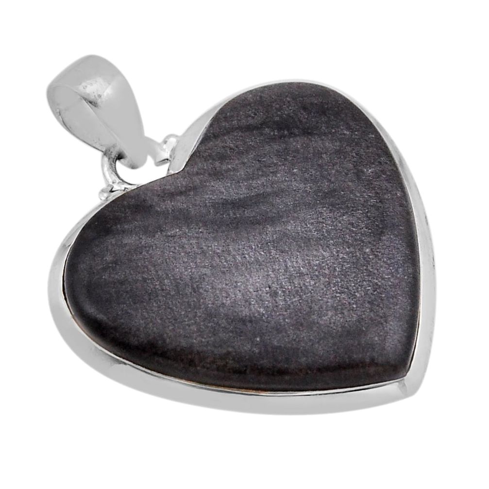 26.19cts natural golden sheen black obsidian 925 silver heart pendant n49381