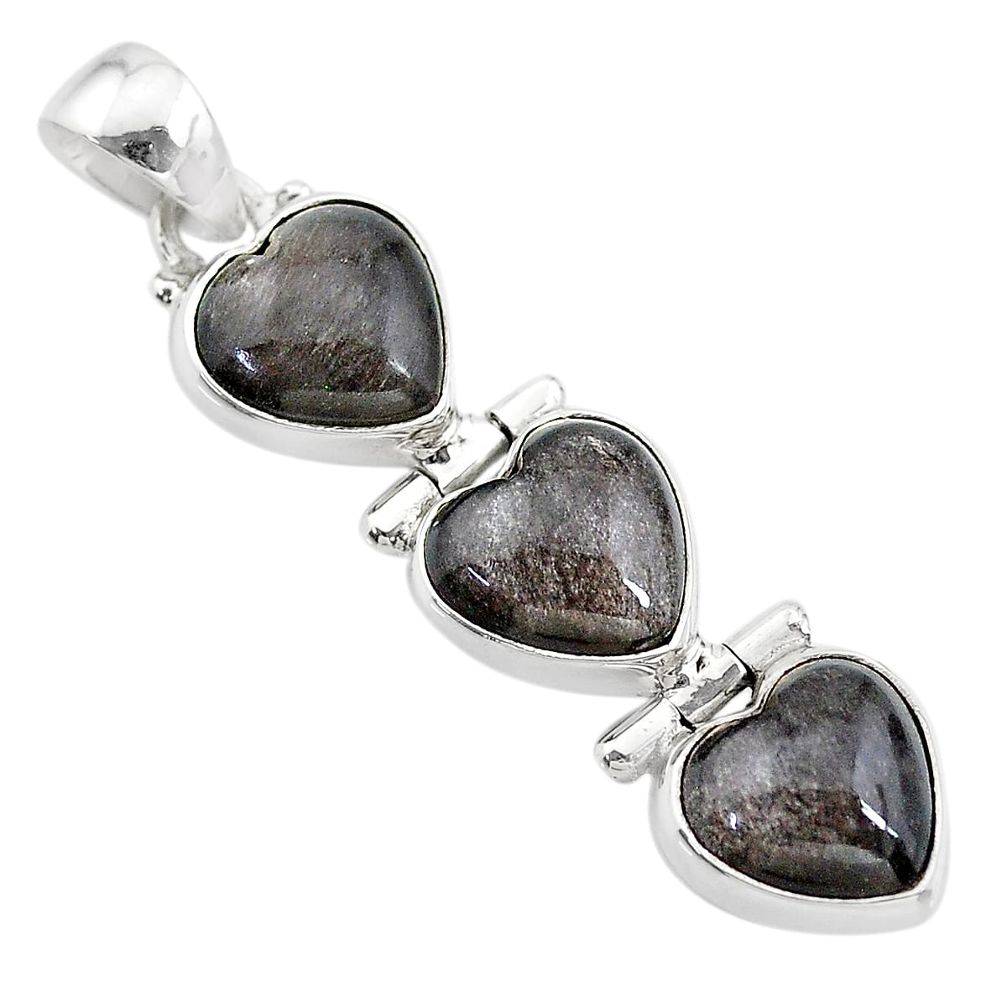 13.73cts 3 hearts golden sheen black obsidian 925 sterling silver pendant t22189