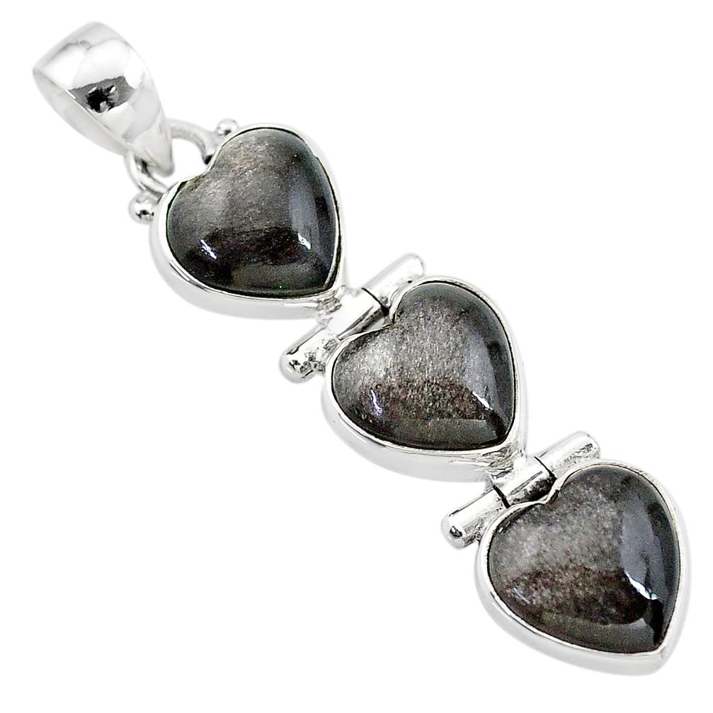 13.55cts 3 hearts golden sheen black obsidian 925 sterling silver pendant t22194