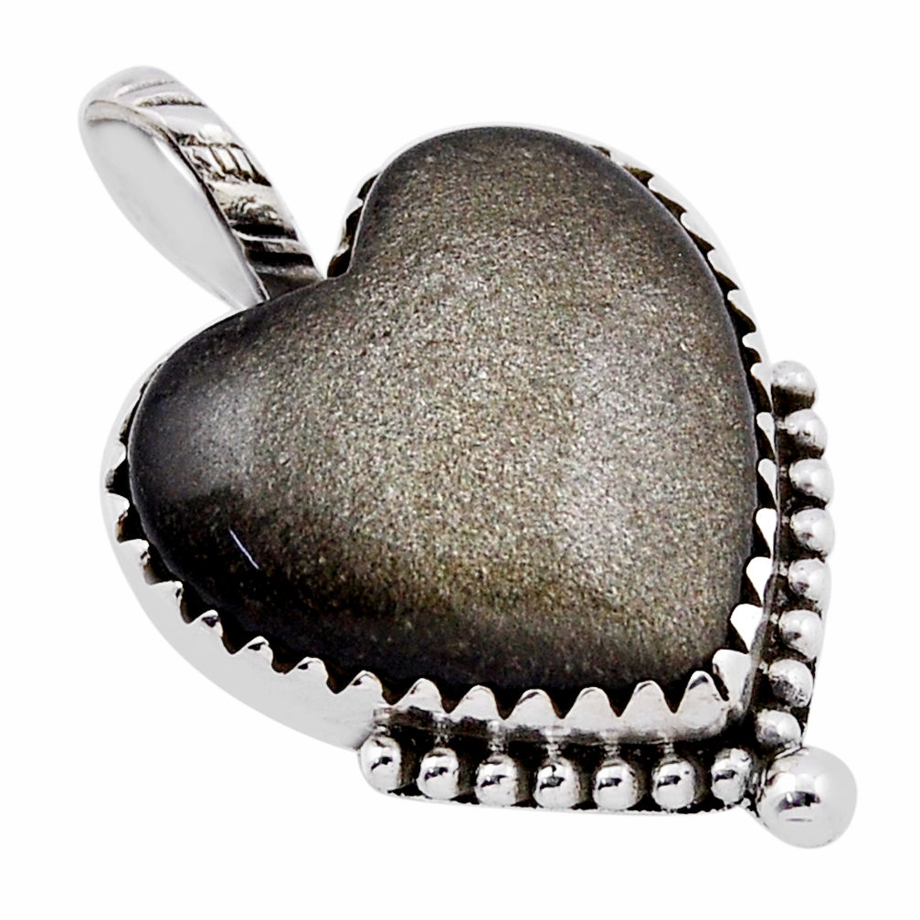 13.55cts natural golden sheen black obsidian heart shape silver pendant n35618