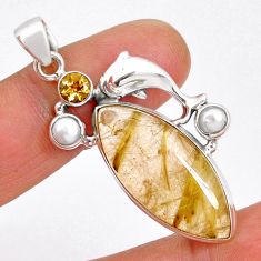 25.66cts natural golden tourmaline rutile pearl 925 silver dolphin pendant y2788