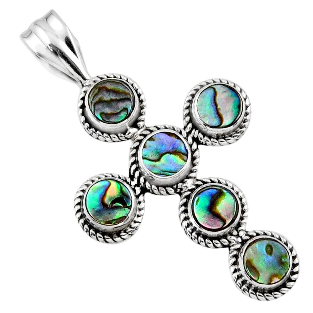 4.16cts natural green abalone paua seashell 925 silver holy cross pendant r55943