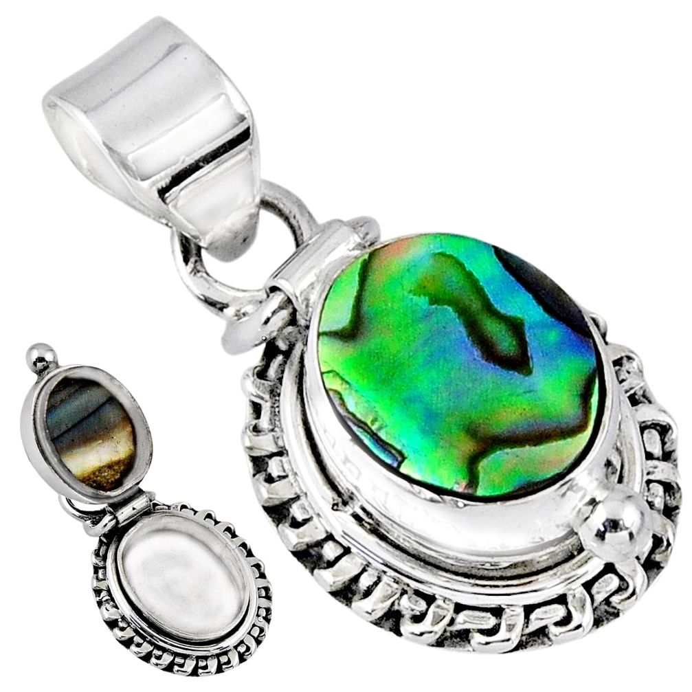 4.21cts natural green abalone paua seashell 925 silver poison box pendant r55661