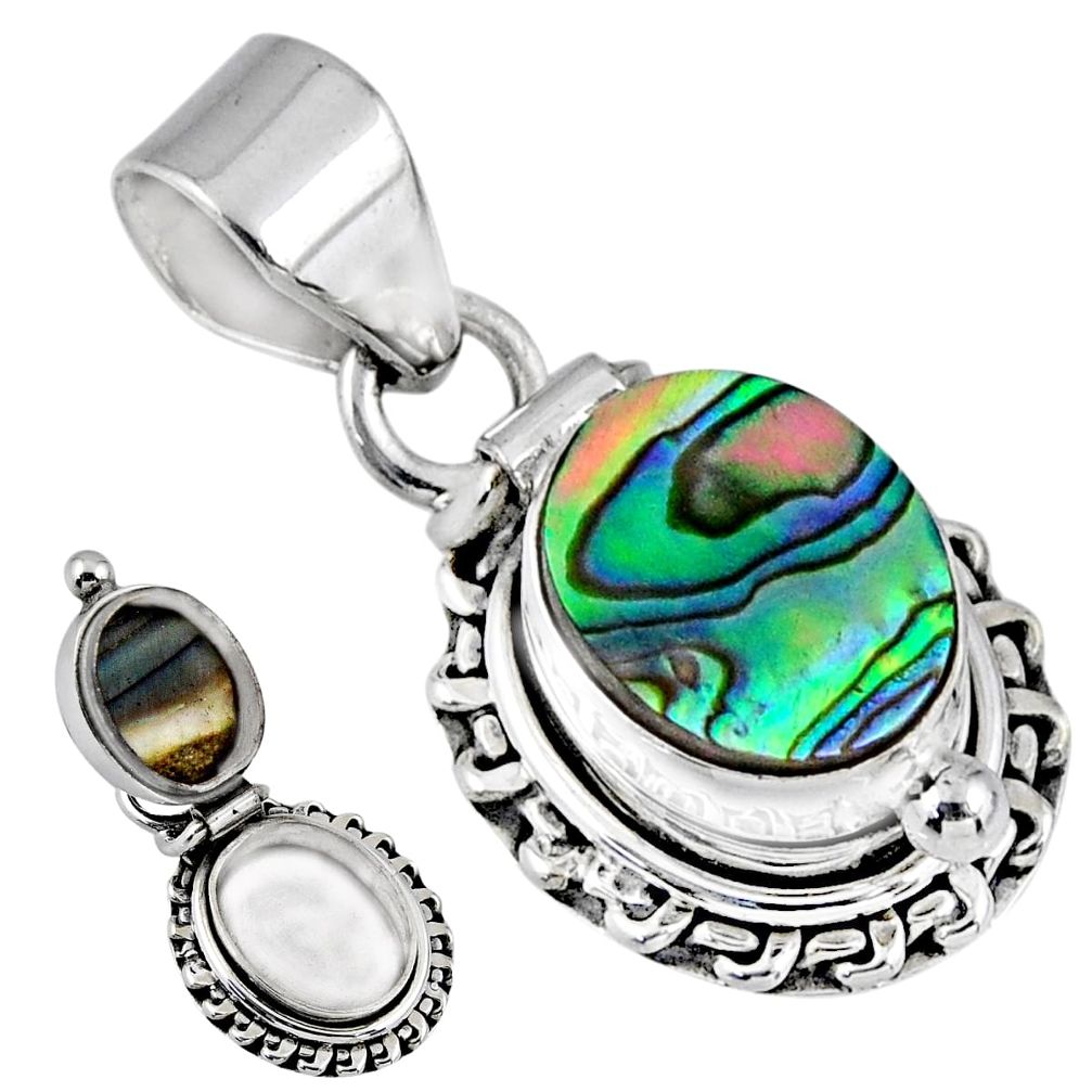 4.21cts natural green abalone paua seashell 925 silver poison box pendant r55663