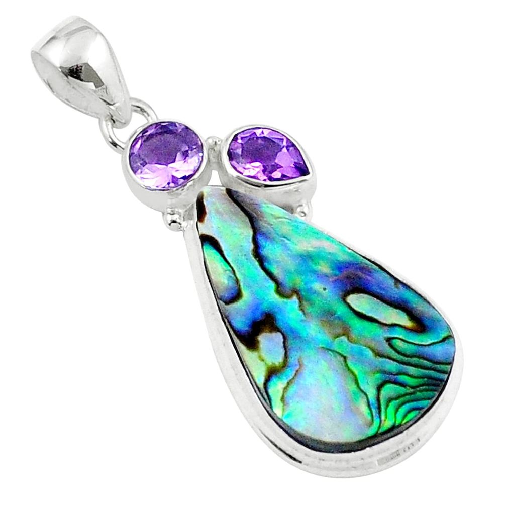 12.31cts natural green abalone paua seashell amethyst 925 silver pendant u19486