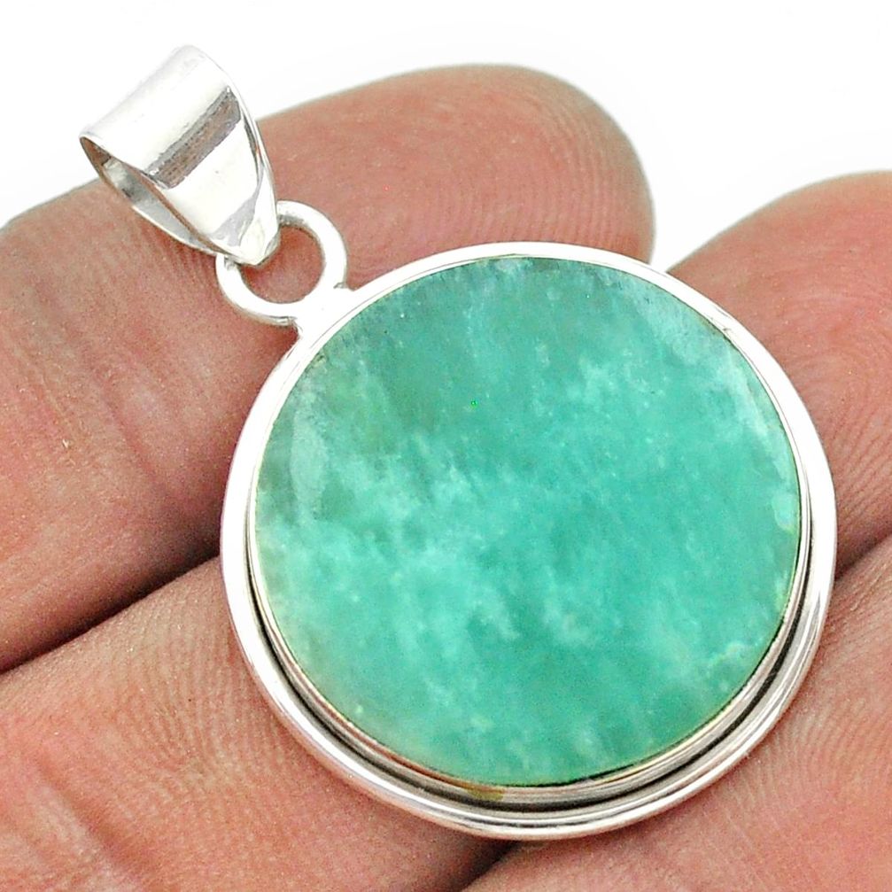 15.72cts natural green amazonite (hope stone) round 925 silver pendant t53469