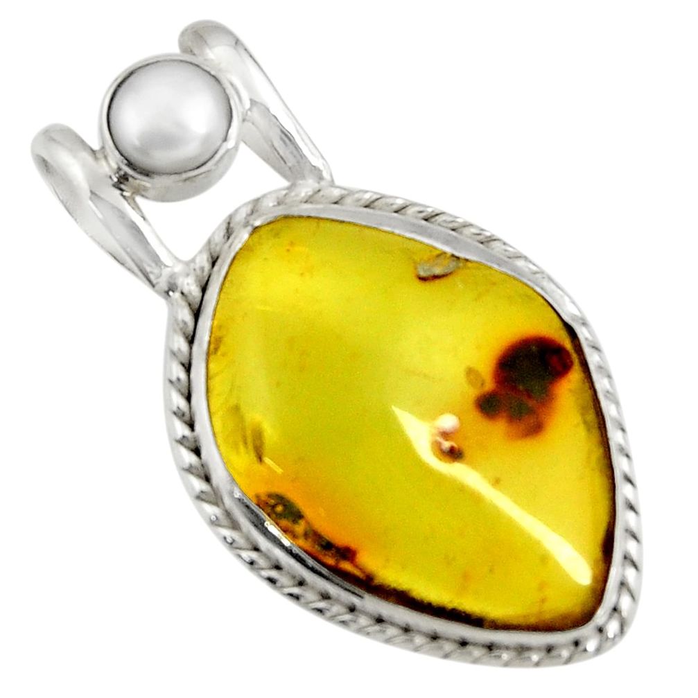 14.47cts natural green amber from colombia white pearl 925 silver pendant d41297