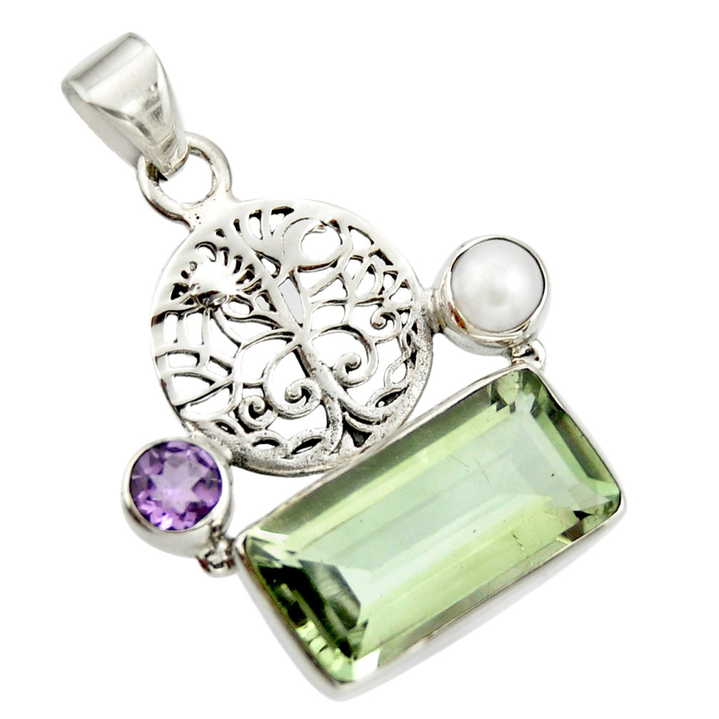 9.47cts natural green amethyst amethyst 925 silver tree of life pendant r20484