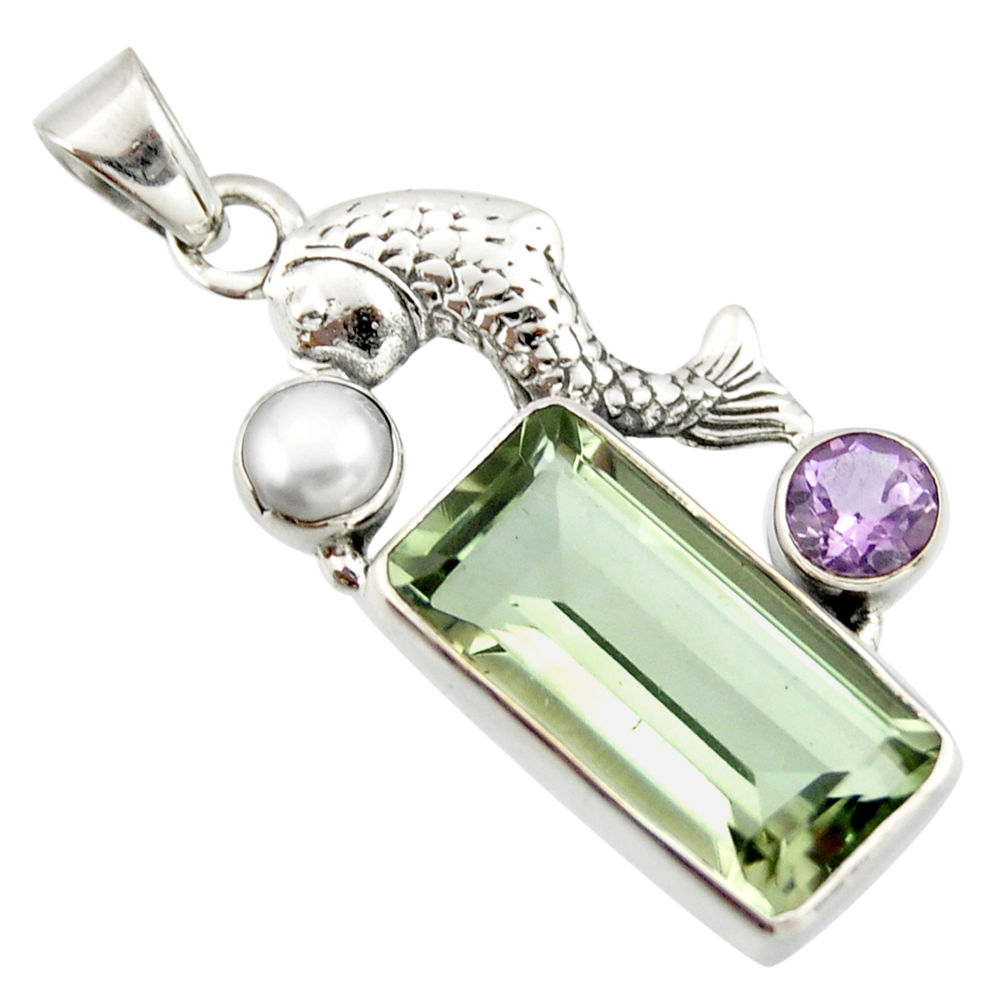 9.04cts natural green amethyst amethyst 925 sterling silver fish pendant r20486