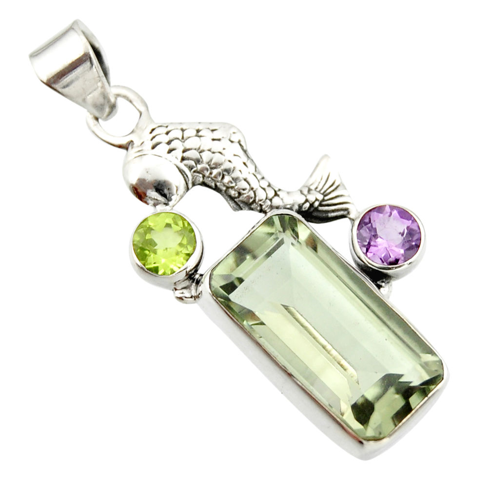 9.39cts natural green amethyst amethyst 925 sterling silver fish pendant r20491