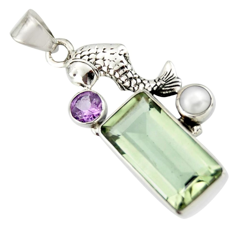 9.39cts natural green amethyst amethyst 925 sterling silver fish pendant r20498