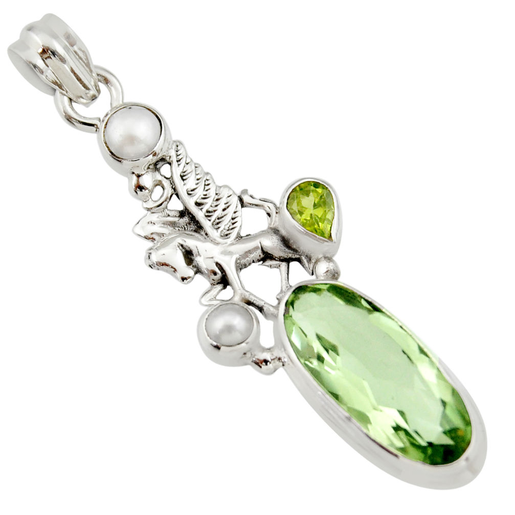 11.37cts natural green amethyst peridot pearl 925 silver unicorn pendant r19106