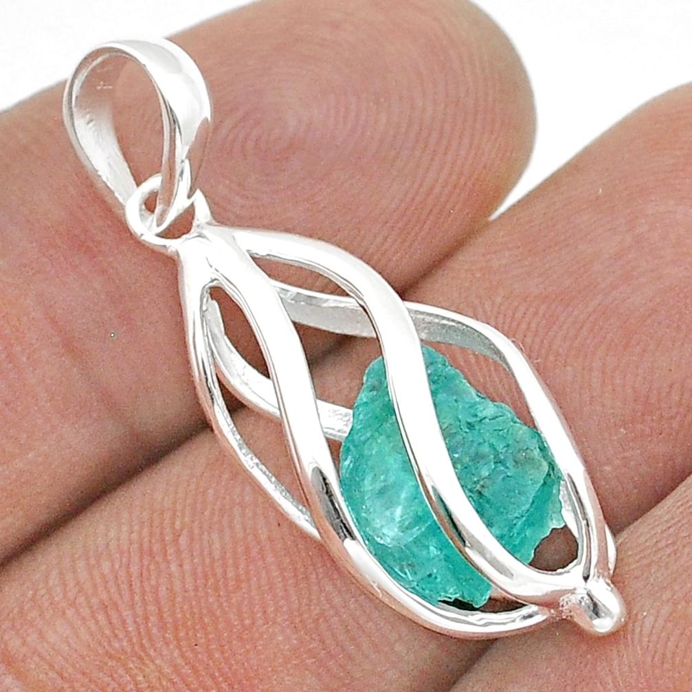 4.28cts natural green apatite rough 925 sterling silver cage pendant  u55847