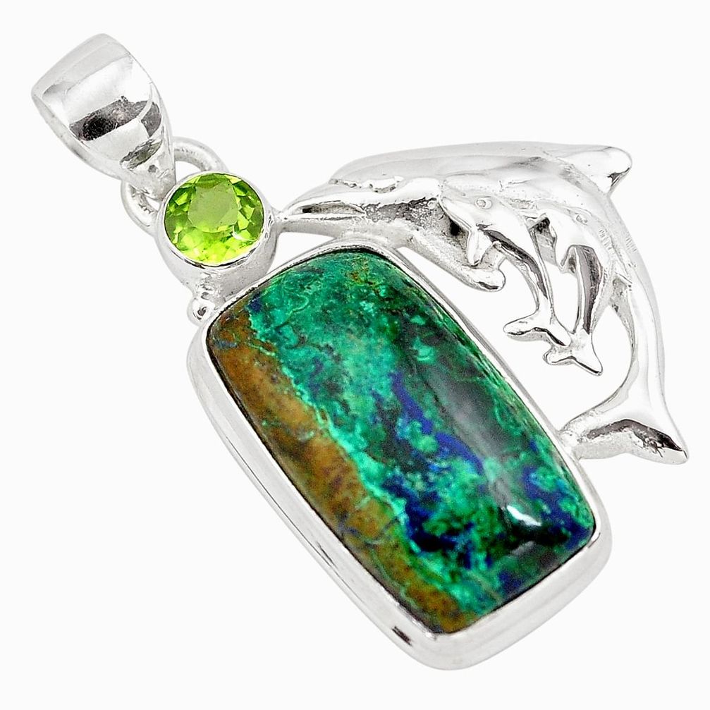  green azurite malachite 925 silver dolphin pendant p79347