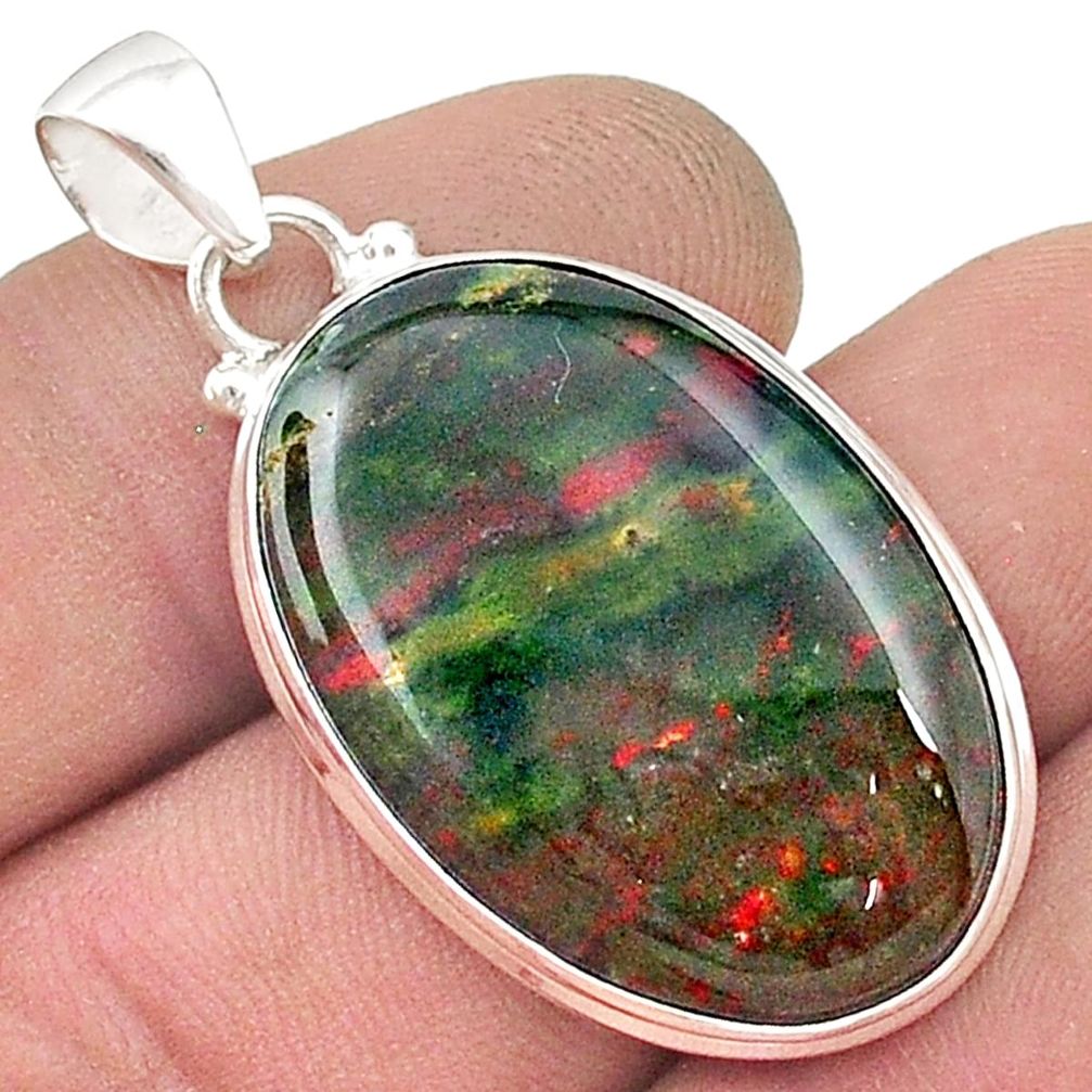 18.17cts natural green bloodstone african (heliotrope) 925 silver pendant u50682
