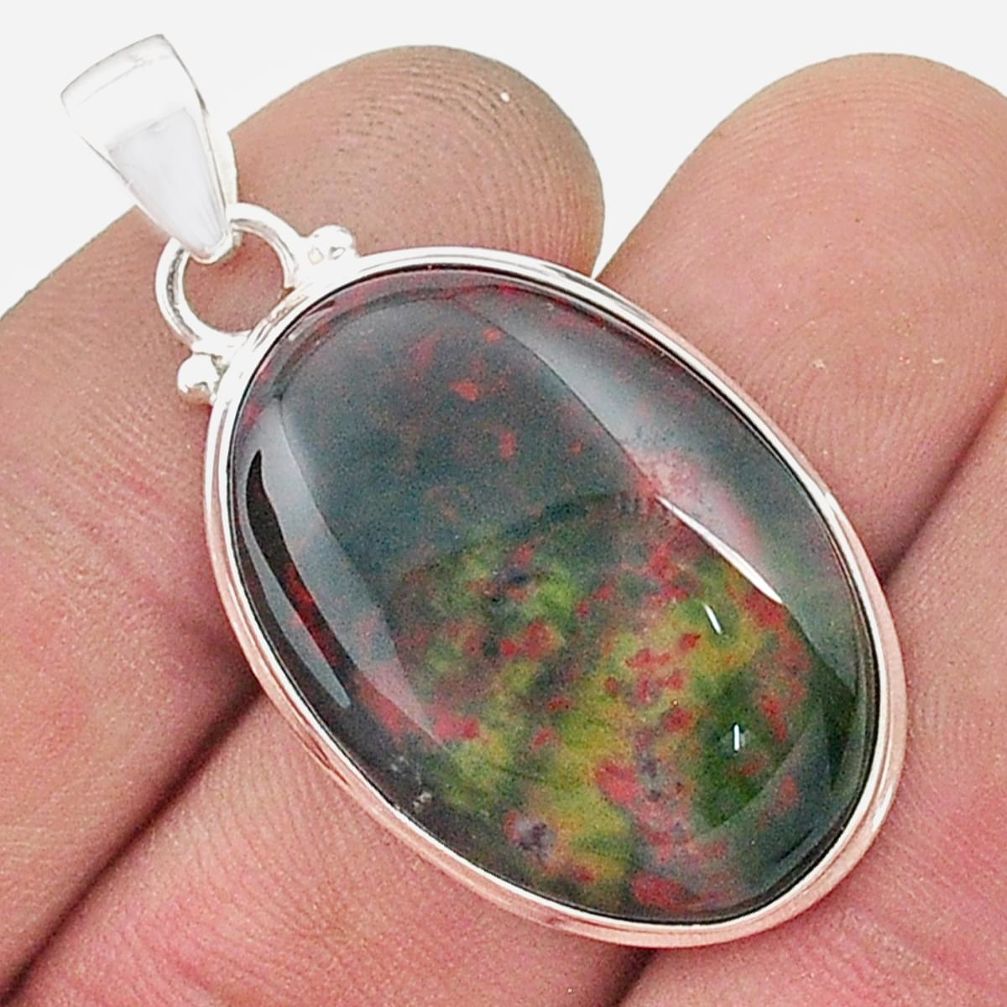 24.38cts natural green bloodstone african (heliotrope) 925 silver pendant u50686