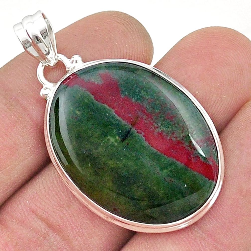 28.59cts natural green bloodstone african (heliotrope) 925 silver pendant u50747