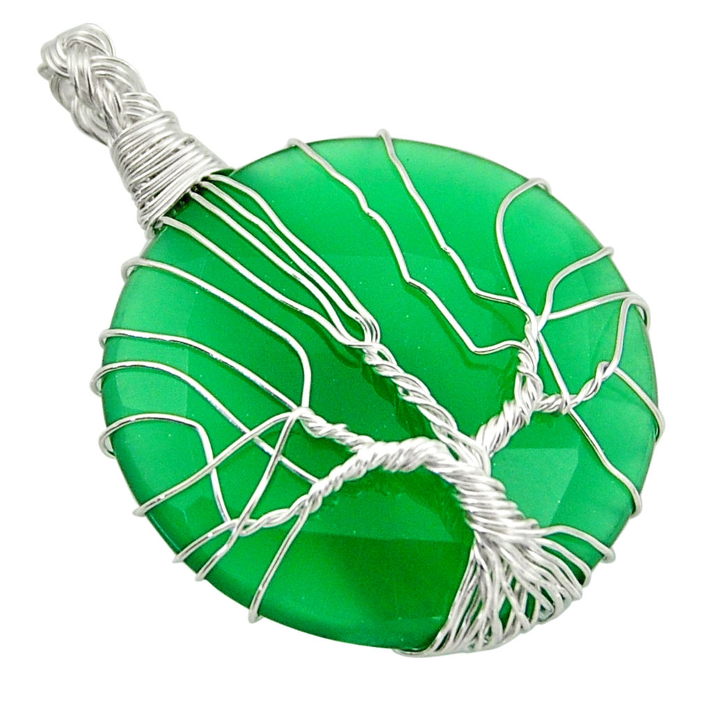 32.57cts natural green chalcedony 925 silver tree of life pendant d47607