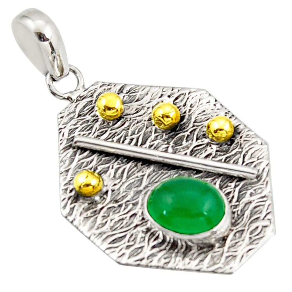 3.06cts natural green chalcedony 925 sterling silver 14k gold pendant r37165