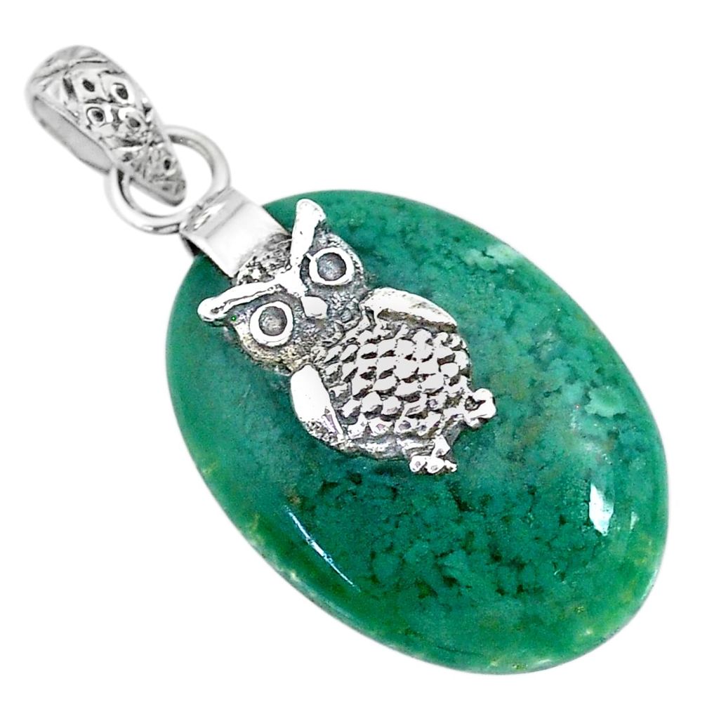 17.75cts natural green chalcedony 925 sterling silver owl pendant jewelry r91335
