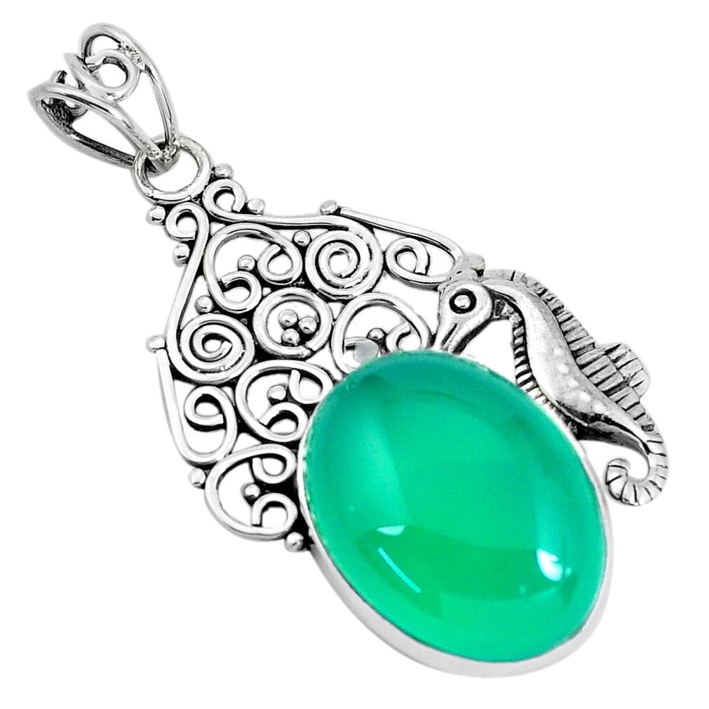 14.21cts natural green chalcedony 925 sterling silver seahorse pendant p59789