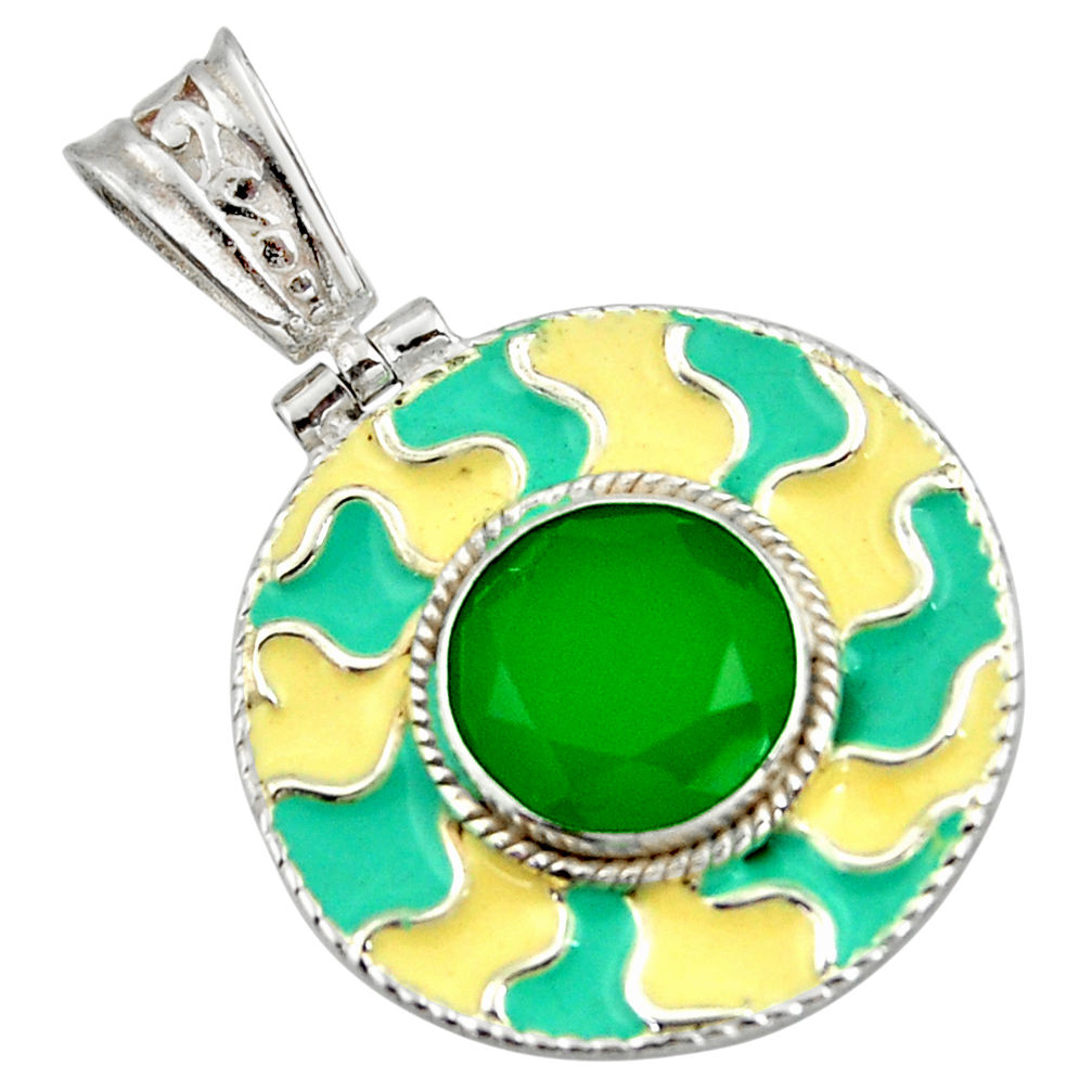 5.96cts natural green chalcedony enamel 925 sterling silver pendant r42022