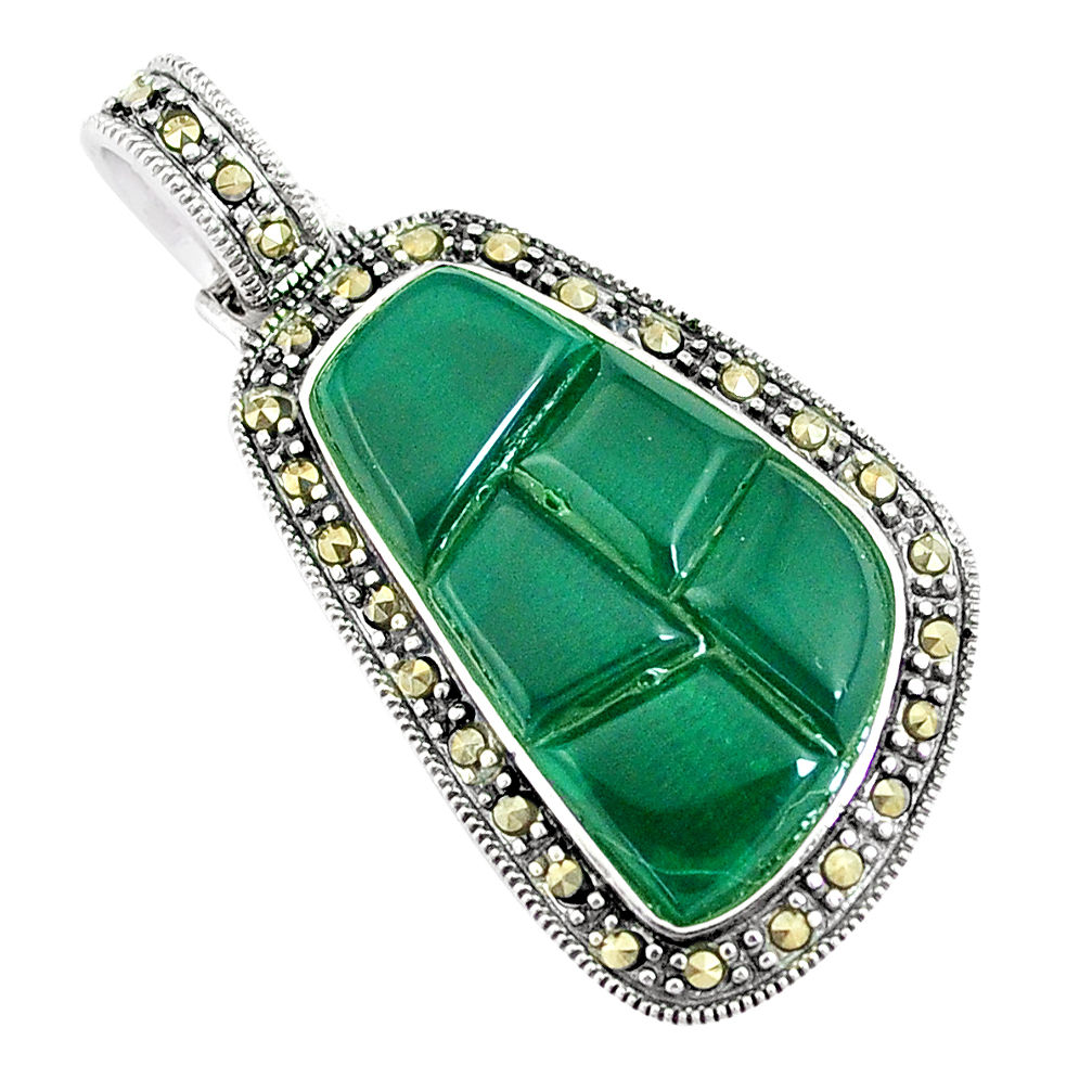 8.73cts natural green chalcedony marcasite 925 sterling silver pendant c16511