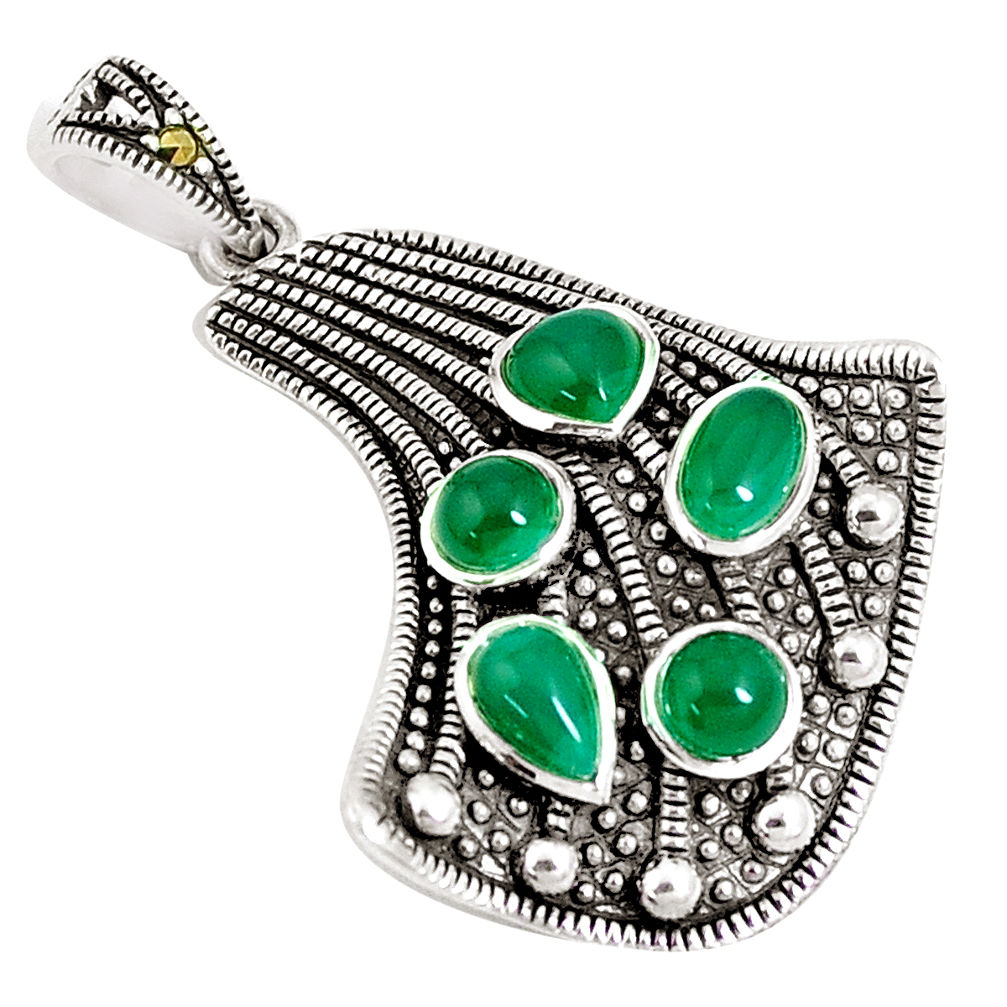 4.73cts natural green chalcedony marcasite 925 sterling silver pendant c16681