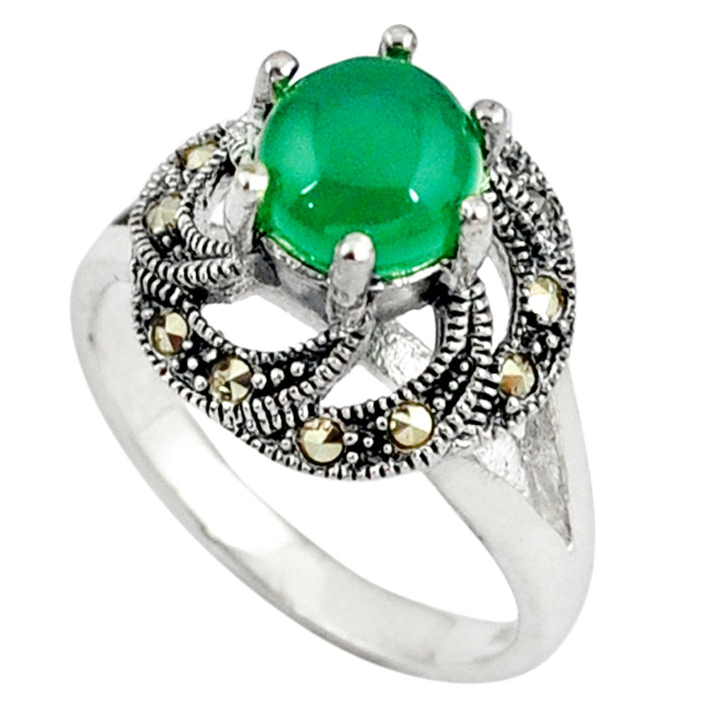 Natural green chalcedony marcasite 925 silver ring jewelry size 8 c17287