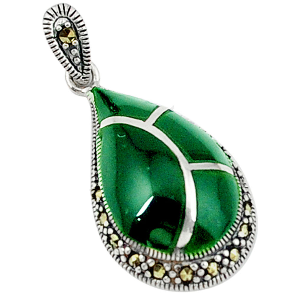 Natural green chalcedony marcasite 925 sterling silver pendant jewelry c18950