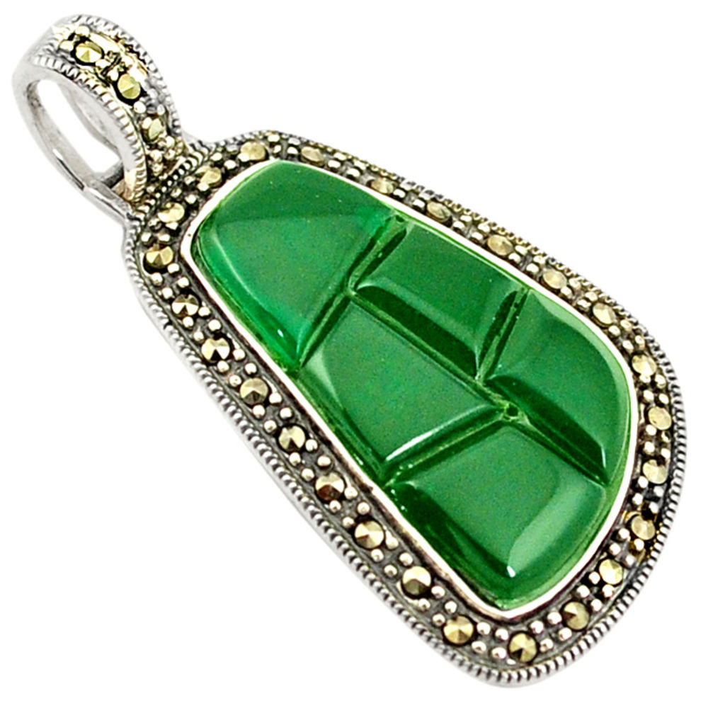 Natural green chalcedony marcasite 925 sterling silver pendant c21872