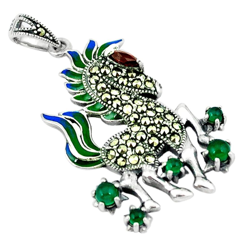 Natural green chalcedony marcasite enamel 925 silver horse pendant c16570