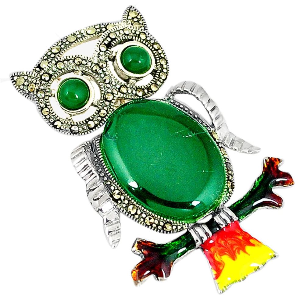 Natural green chalcedony marcasite enamel 925 silver owl pendant jewelry c16458