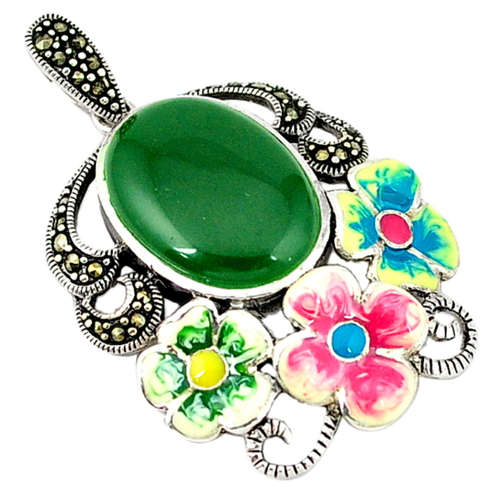 Natural green chalcedony marcasite enamel silver flower pendant a44246 c18916