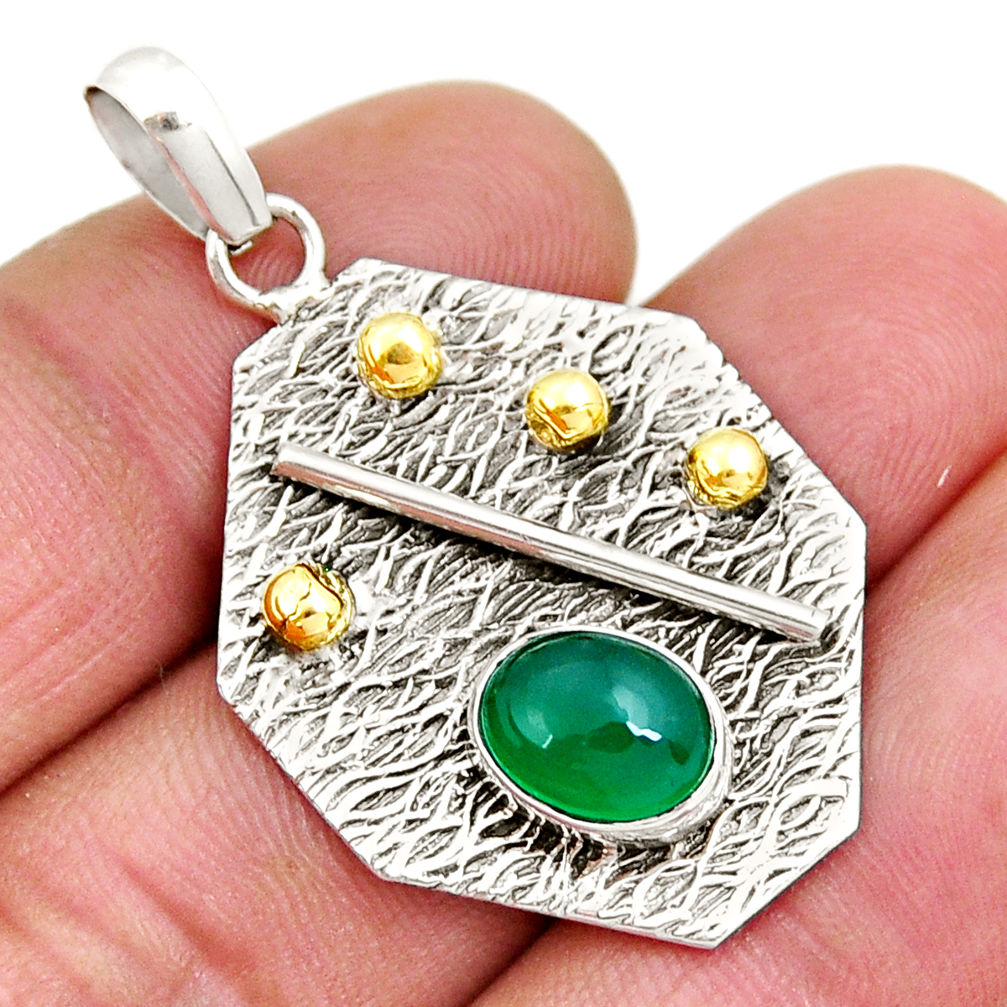 3.01cts natural green chalcedony oval 925 sterling silver gold pendant y6458