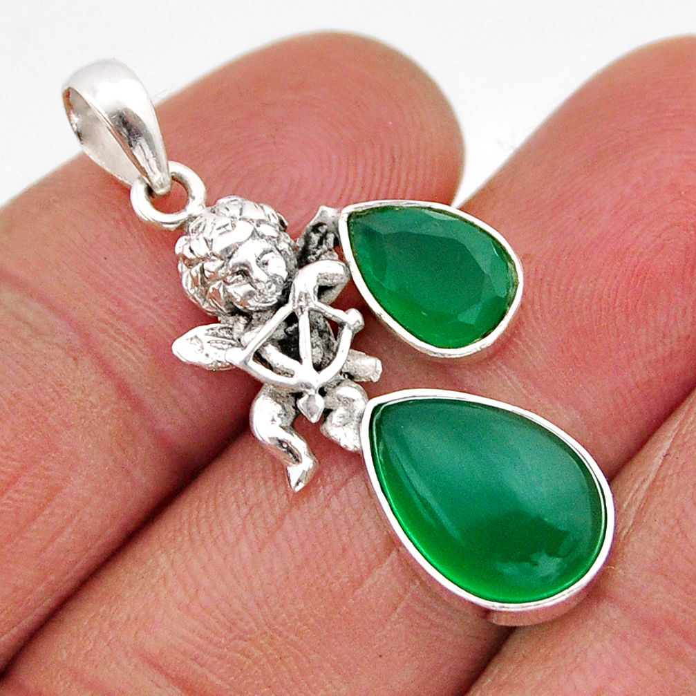6.19cts natural green chalcedony pear 925 sterling silver angel pendant y61297