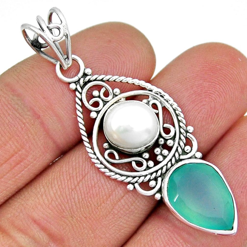 8.80cts natural green chalcedony pearl 925 sterling silver pendant jewelry y7215