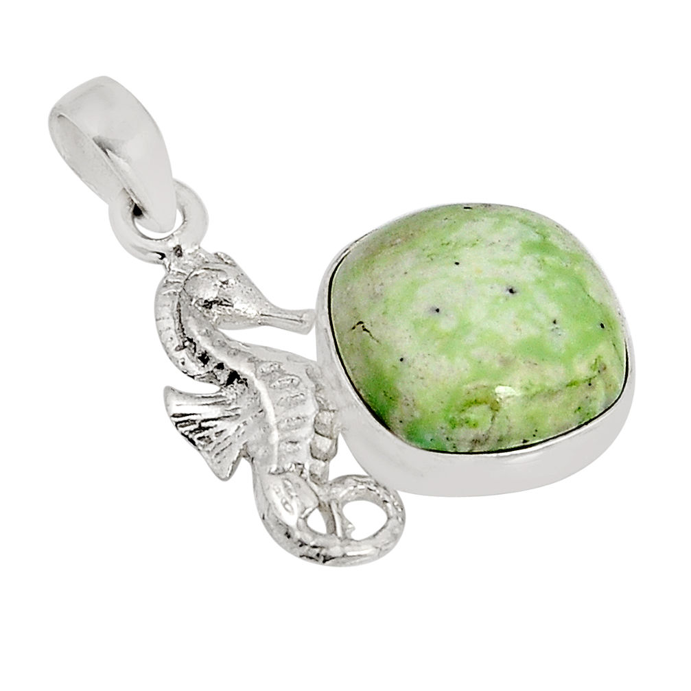 5.98cts natural green chrome chalcedony cushion silver seahorse pendant y55679