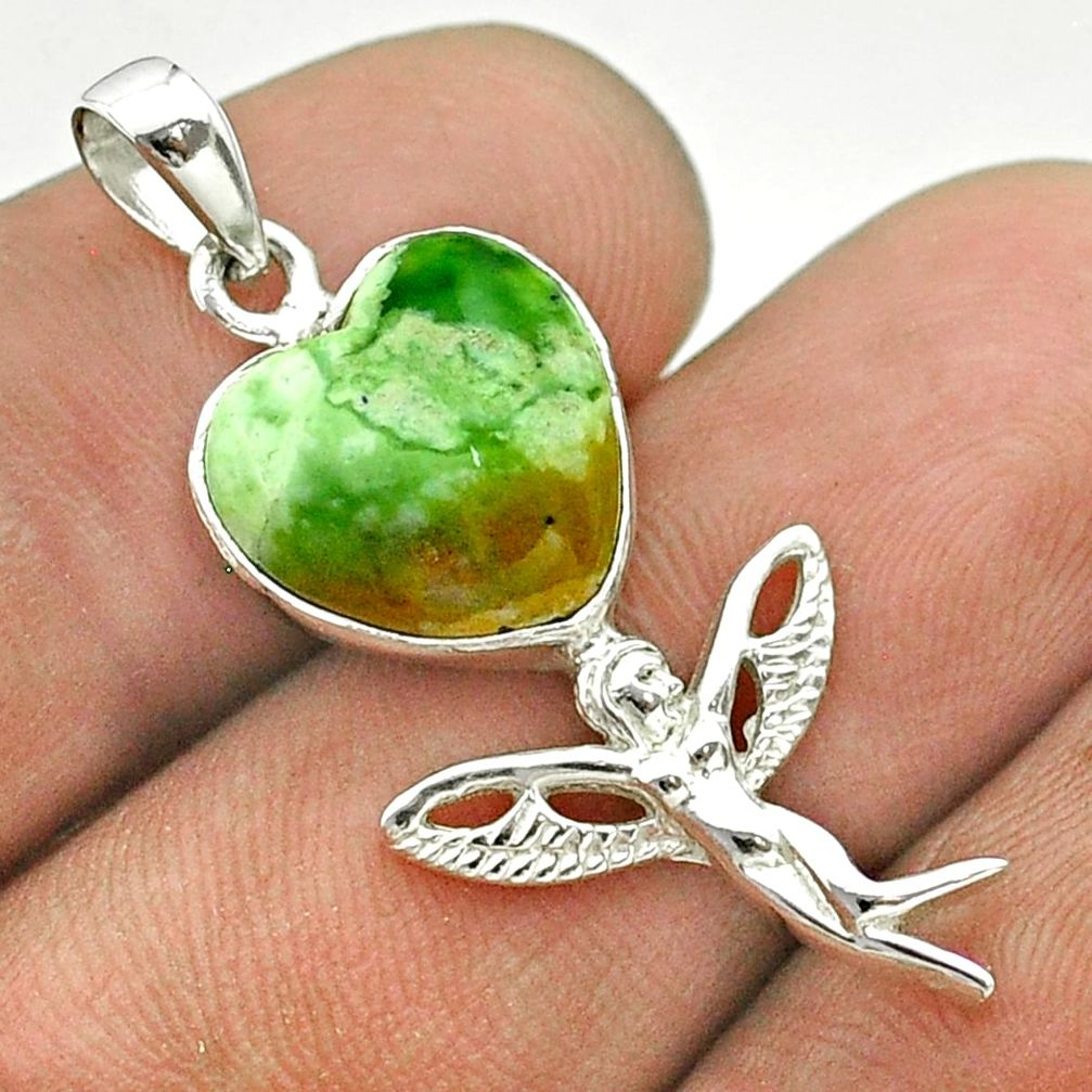 5.87cts natural green chrome chalcedony silver angel wings fairy pendant t55273