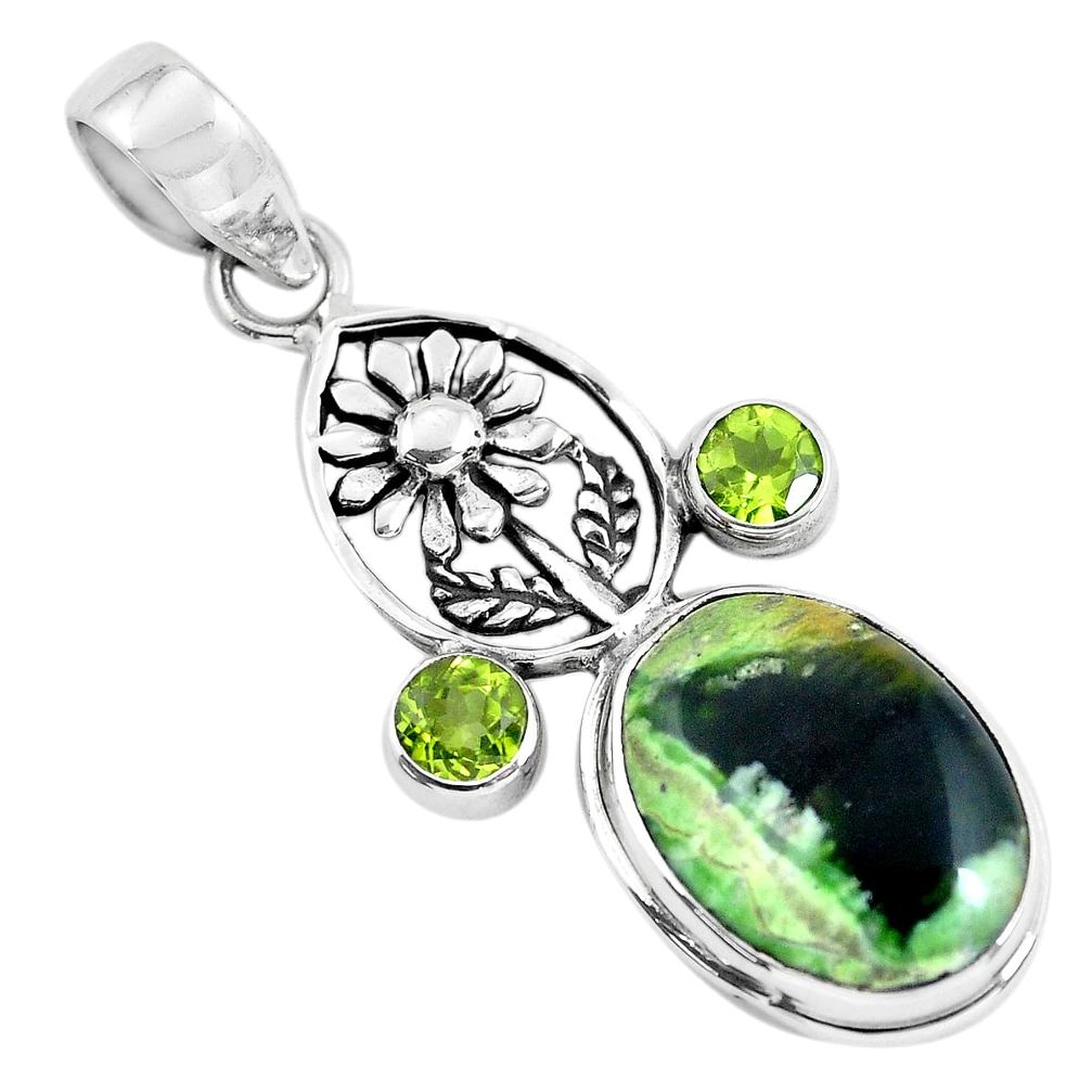 14.72cts natural green chrome chalcedony silver flower pendant p55296