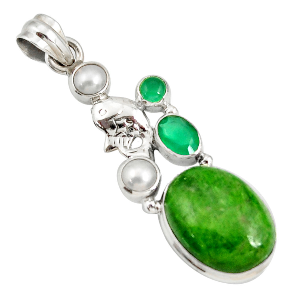 17.77cts natural green chrome diopside chalcedony pearl silver pendant d42542
