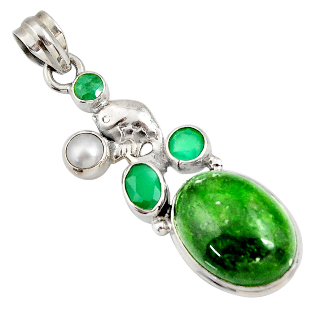 17.77cts natural green chrome diopside chalcedony pearl silver pendant d42573