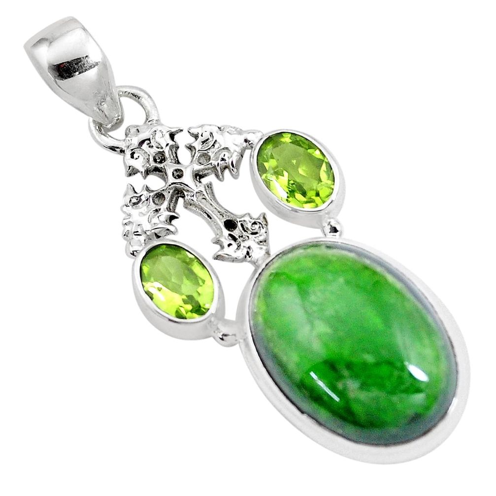 16.46cts natural green chrome diopside peridot 925 silver cross pendant p16257